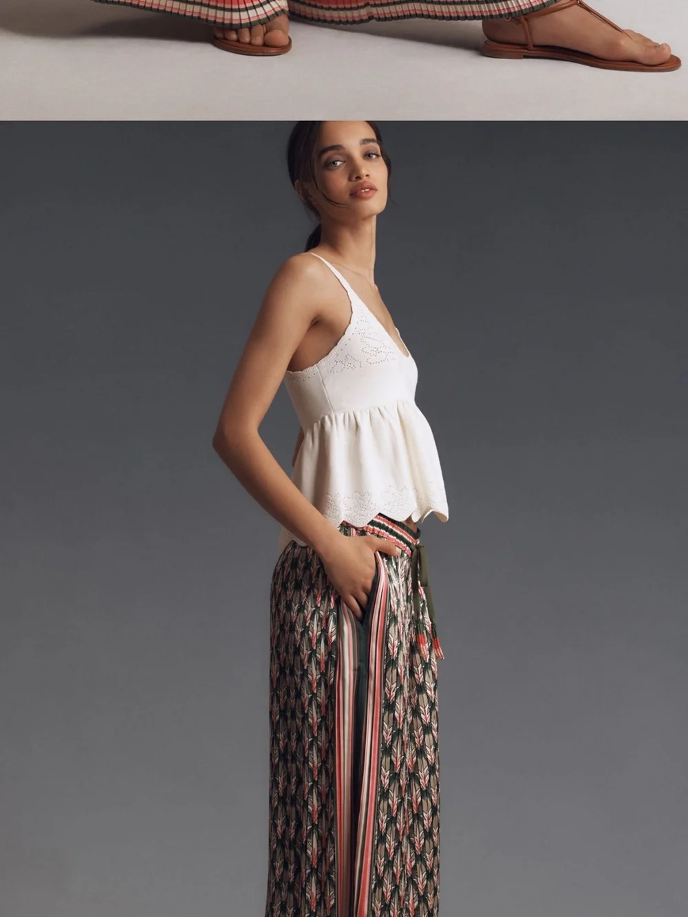 FARM Rio Olive Green and Coral Wide-Leg Printed Palazzo Pants - Picture 4 of 4